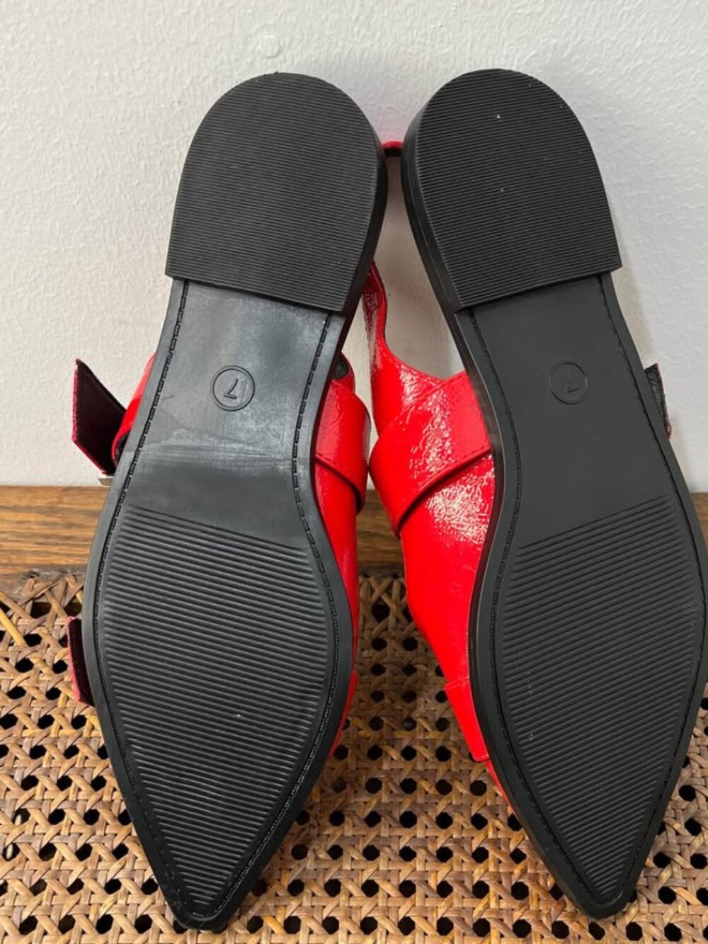 Size 7 City Chic Edgy Double Buckle Red Faux Leather Statement Slingback Flat - Picture 10 of 10
